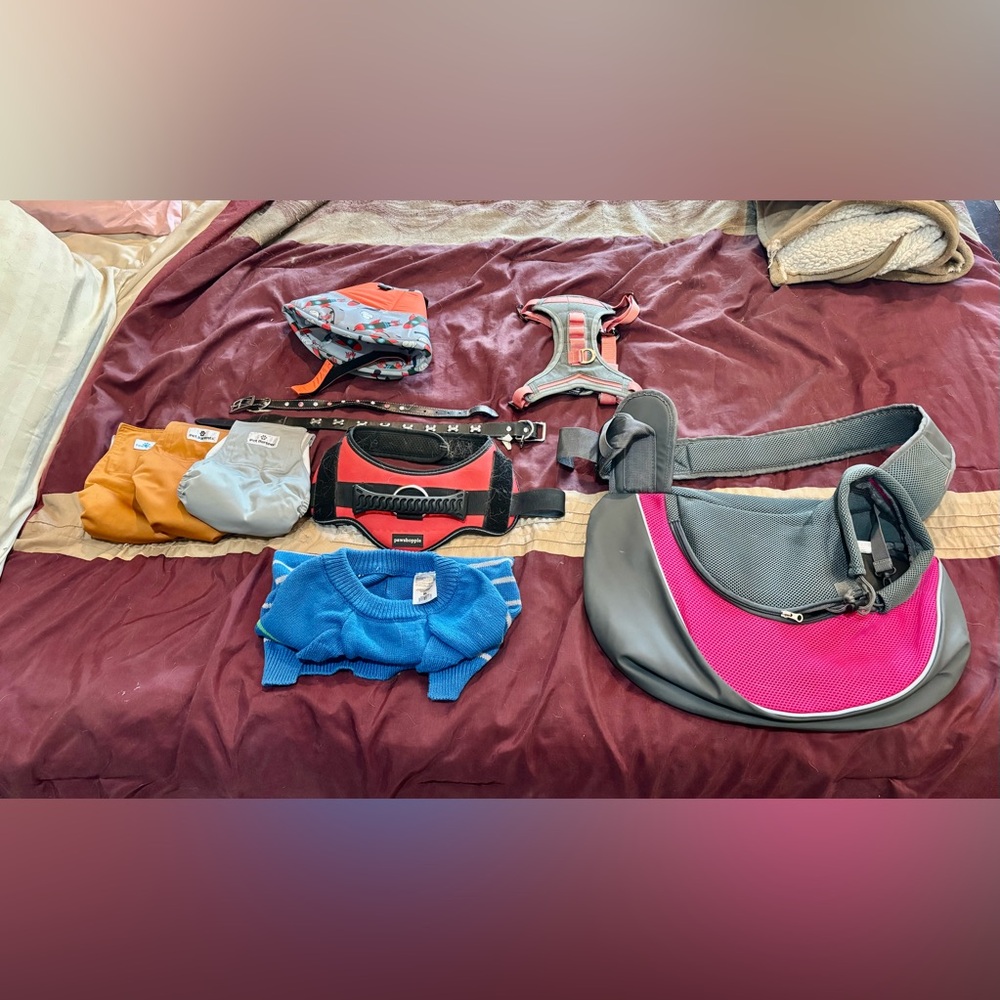 Pink and Gray Pet Sling Carrier, Dog Harnesses, Collars, Soft Cone, and More